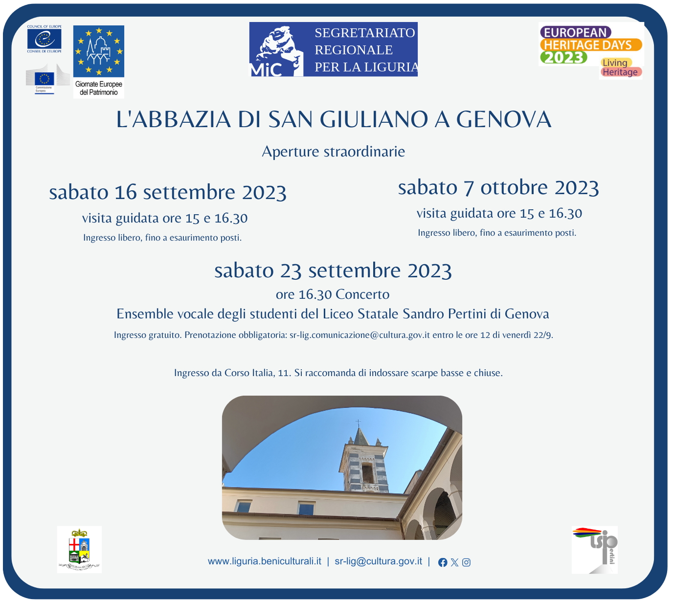 ABBAZIA DI SAN GIULIANO A GENOVA: Concerto e apertura straordinaria GIORNATE EUROPEE DEL PATRIMONIO 2023